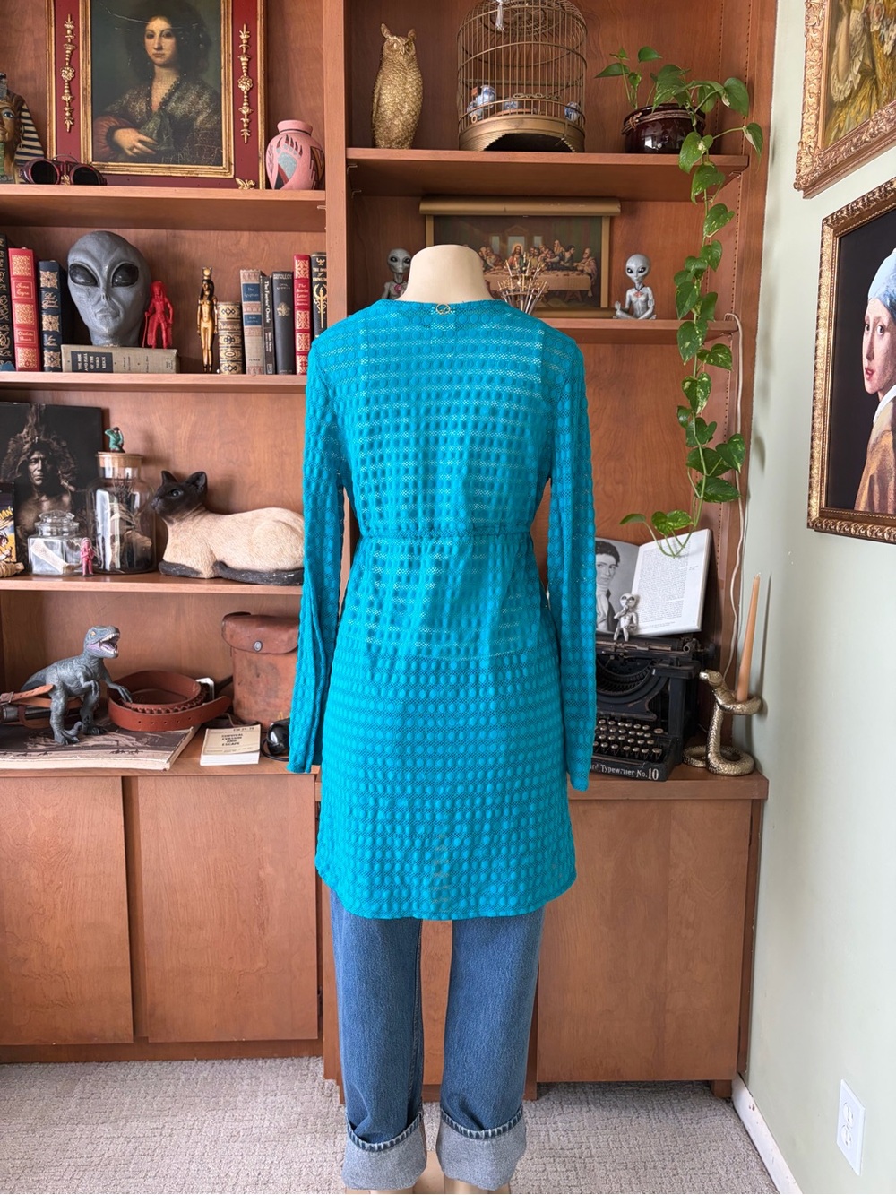 Jantzen Teal Crochet Eyelet Swimsuit Coverup Women’s Size L Boho Chic Fairycore - Picture 4 of 16